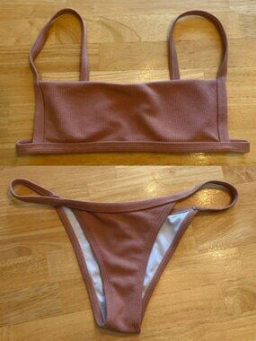 Dusty Rose Textured Bikini Set – Adjustable Strap Top & High Cut Bottom